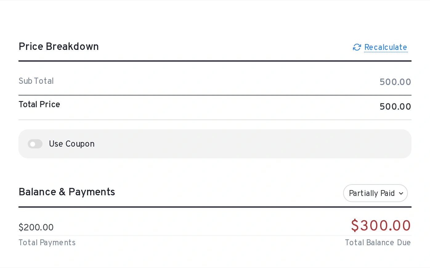 Native RouteOS order view with a lesson package, recorded payments and balance due, using example school data.