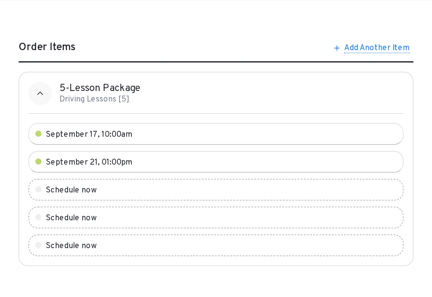 Native RouteOS order package showing the lesson quantity and scheduled bookings with example school data.