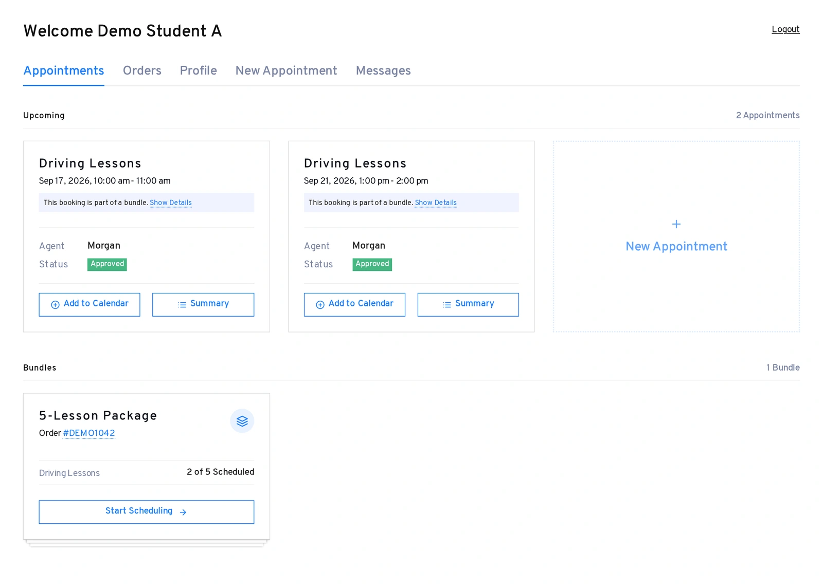 RouteOS student cabinet with upcoming lessons and the scheduled count for a purchased lesson package.