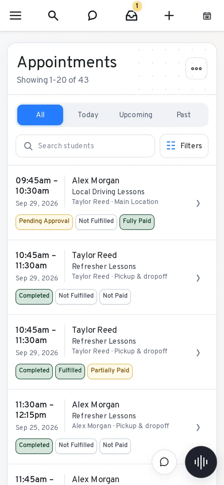 Staff mobile appointments showing lesson cards, times, and status badges with sample names.