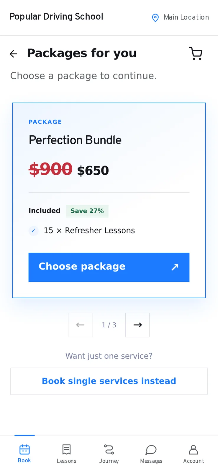 Student mobile booking flow showing a test-school package choice and price.