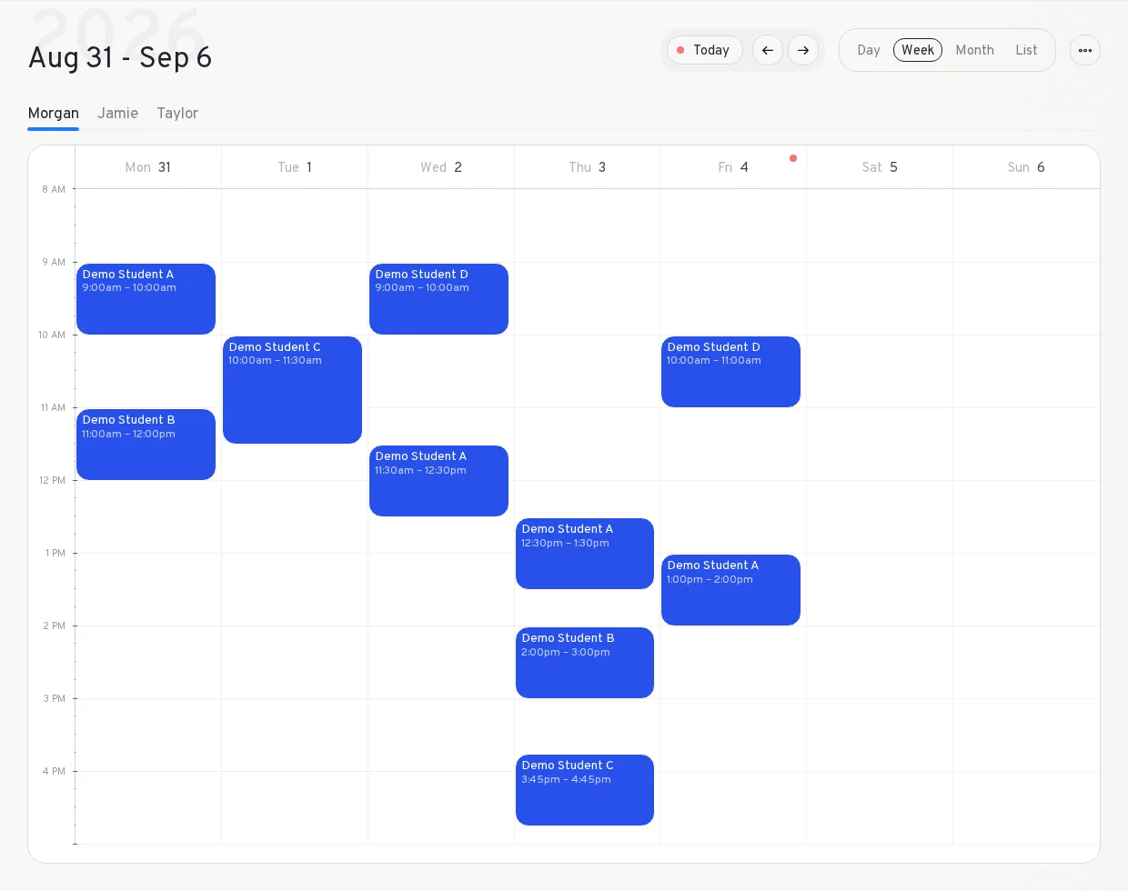 RouteOS instructor calendar with example lessons, including a 2 PM booking.